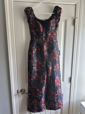 Lulus size Small NWT Navy Floral Jumpsuit with Burgundy and Gold Accents